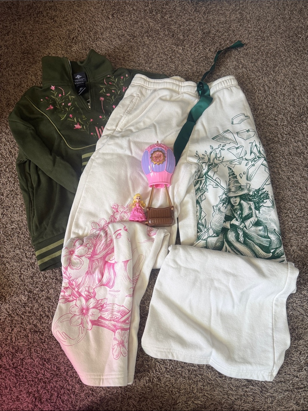 Womens White Graphic Jogger Pants with Pink and Green Prints wicked
